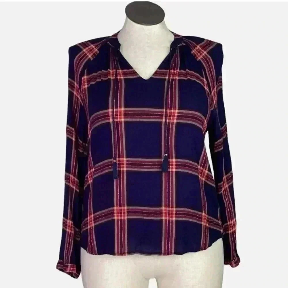 Lucky Brand Top Women L Blue Multi Plaid Tassel Tie V Neck Raglan Sleeve
